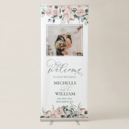 Dusty Rose Eucalyptus Foto Hochzeitstag Begrüßung Ausziehbarer Banner