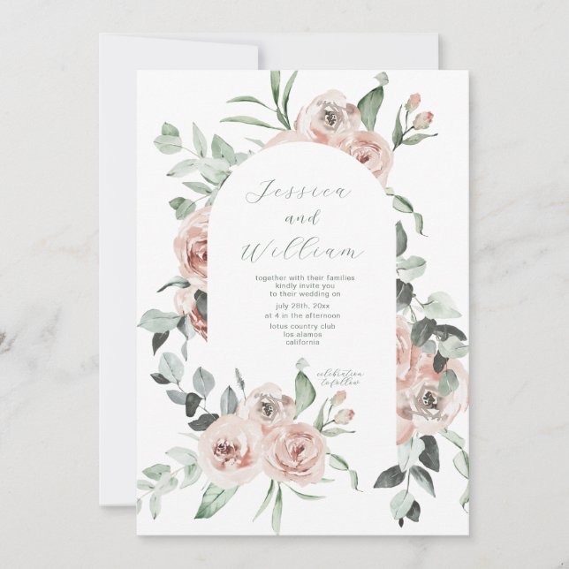 Dusty Rose Eucalyptus Script QR Code Wedding Einladung (Vorderseite)