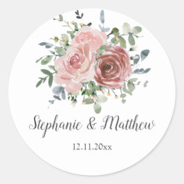 Dusty Rose Eukalyptus Botanische Blumenhochzeit Runder Aufkleber