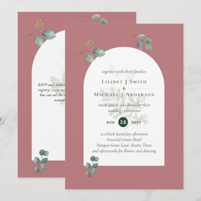Dusty Rose Eukalyptus Greenery Wedding Arch Einladung (Vorne/Hinten)