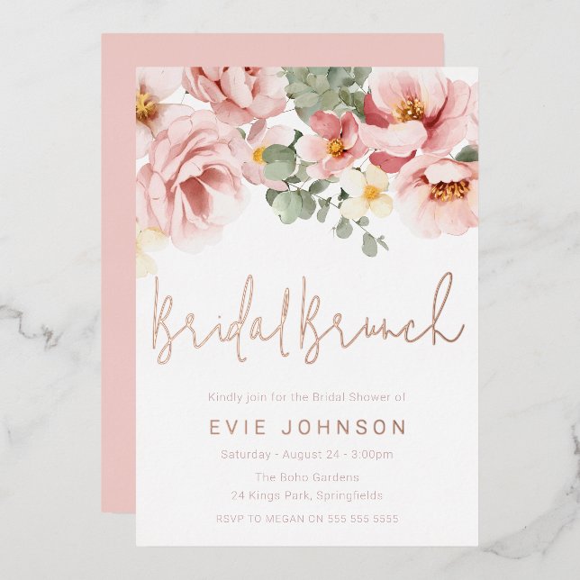 Dusty Rose Floral Brautparty Brunch Rose Gold Folieneinladung (Vorderseite/Rückseite)