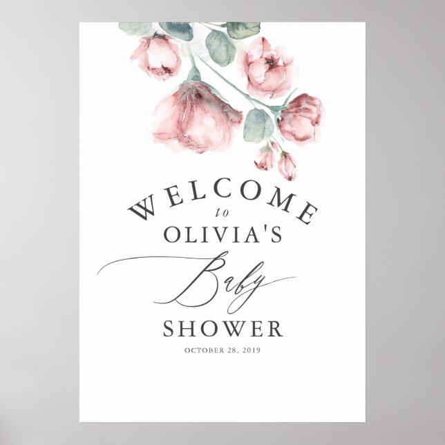 Dusty Rose Floral Elegant Babydusche Willkommen Poster (Vorne)