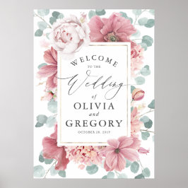 Dusty Rose Floral Elegante Grüne Hochzeit Willkomm Poster