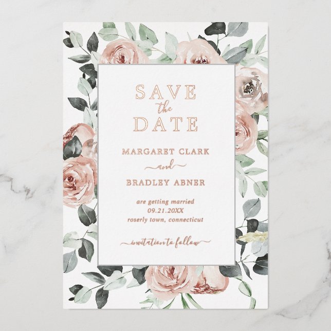 Dusty Rose Floral Elegante Hochzeit Save the Date Folieneinladung (Vorderseite)