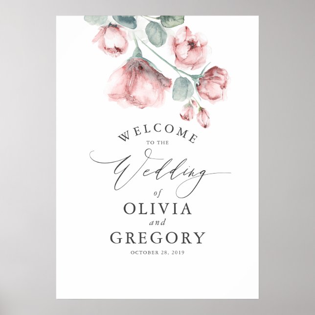 Dusty Rose Floral Elegante Hochzeit Willkommen Poster (Vorne)