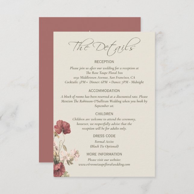 Dusty Rose Floral Elegante Hochzeitskarte Begleitkarte (Vorne/Hinten)