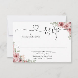 Dusty Rose Floral Elegantes Script Herz RSVP Karte