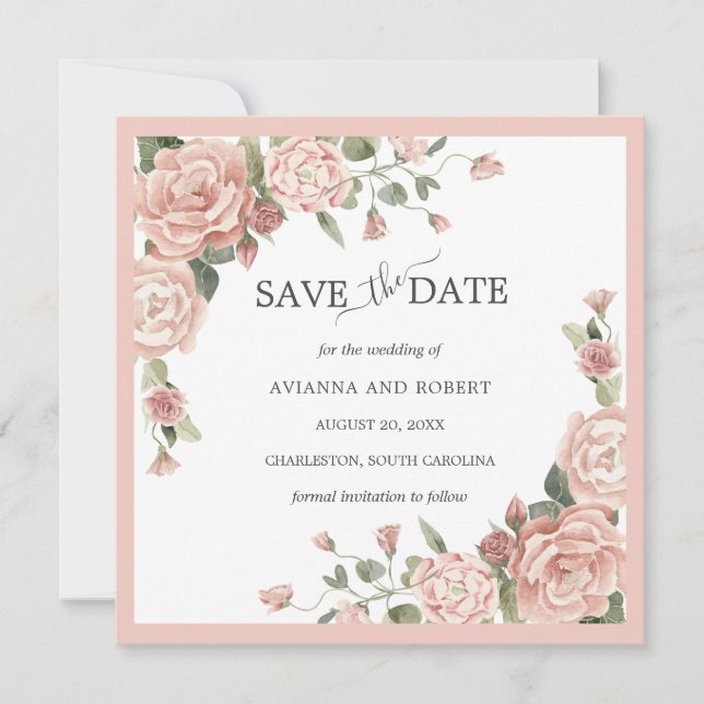 Dusty Rose floral Eukalyptus Wedding Save the Date (Vorderseite)