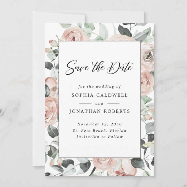 Dusty Rose Floral Eukalyptus Wedding Save The Date (Vorderseite)