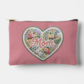 Dusty Rose Floral Faux Embroidery Heart Mom Zubehörtasche
