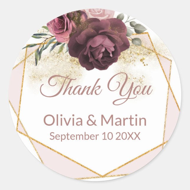 Dusty Rose Floral Gold Geometric Runder Aufkleber (Vorderseite)
