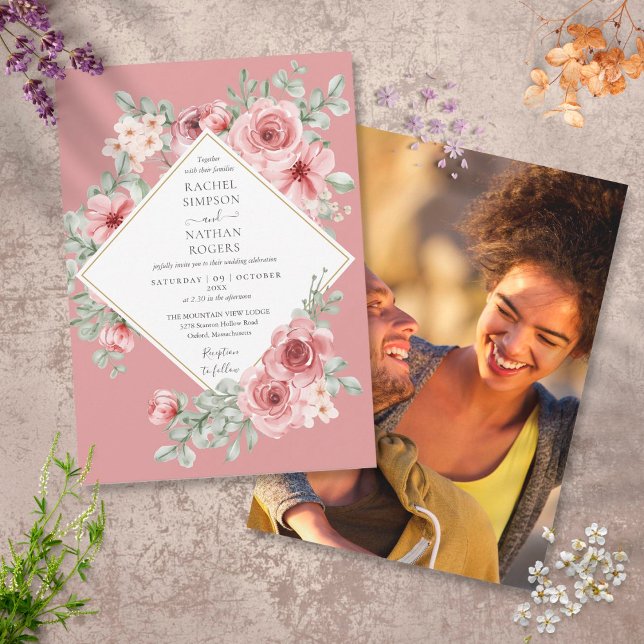 Dusty Rose Floral Gold Geometric Wedding Foto Einladung (Von Creator hochgeladen)