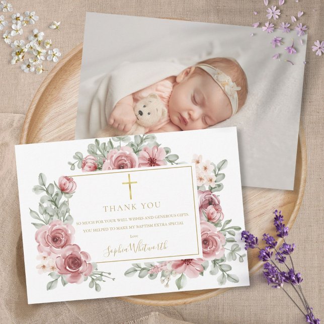 Dusty Rose Floral Gold Taufe Christening Foto Dankeskarte (Von Creator hochgeladen)