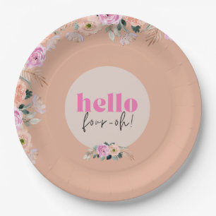 Dusty Rose floral "hello vier oh" Retro Pappteller