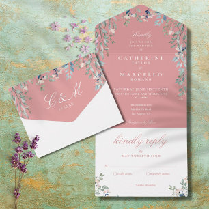 Dusty Rose Floral Kaskade Monogram Wedding All In One Einladung