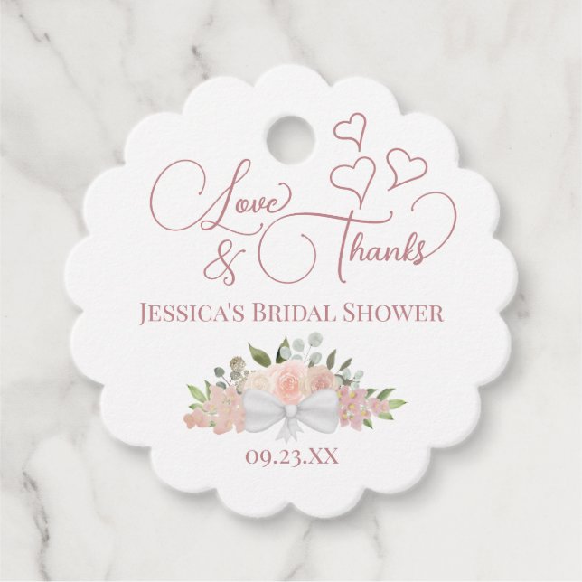 Dusty Rose Floral Liebe & Danke Brautparty Geschenkanhänger (Vorderseite)