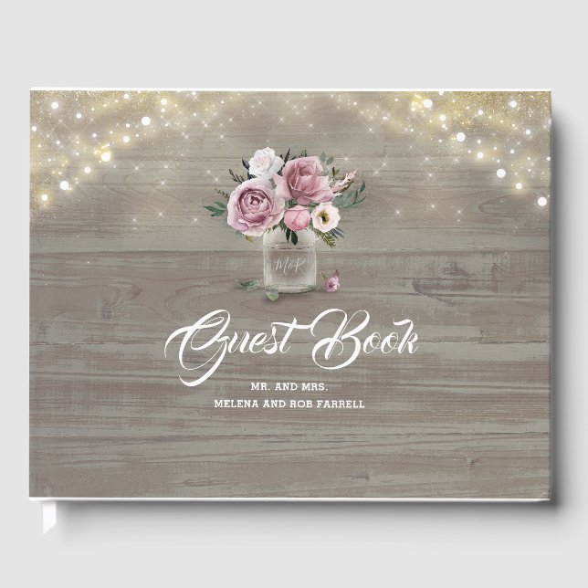 Dusty Rose Floral Mason Jar Rustic Country Wedding Gästebuch (Vorderseite)