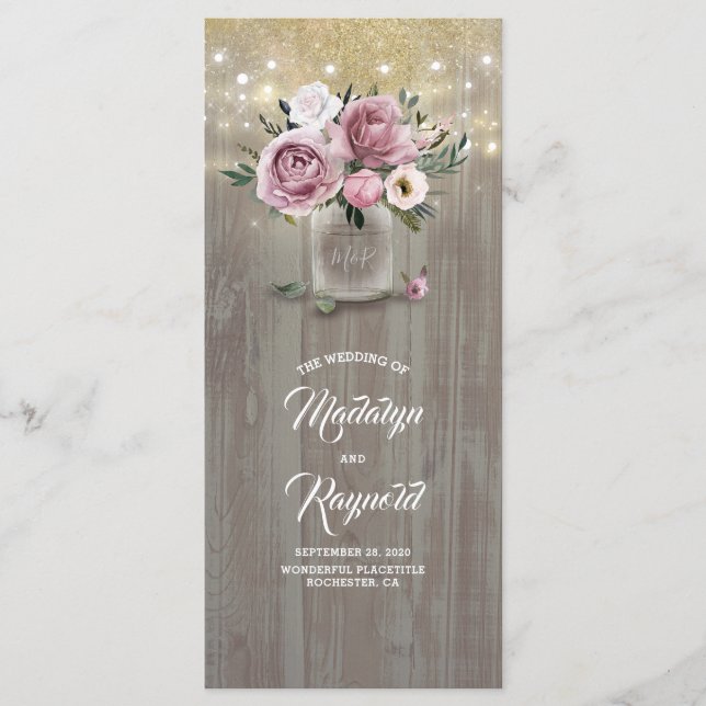 Dusty Rose Floral Mason Jar Rustic Wedding Program Programm (Vorderseite)