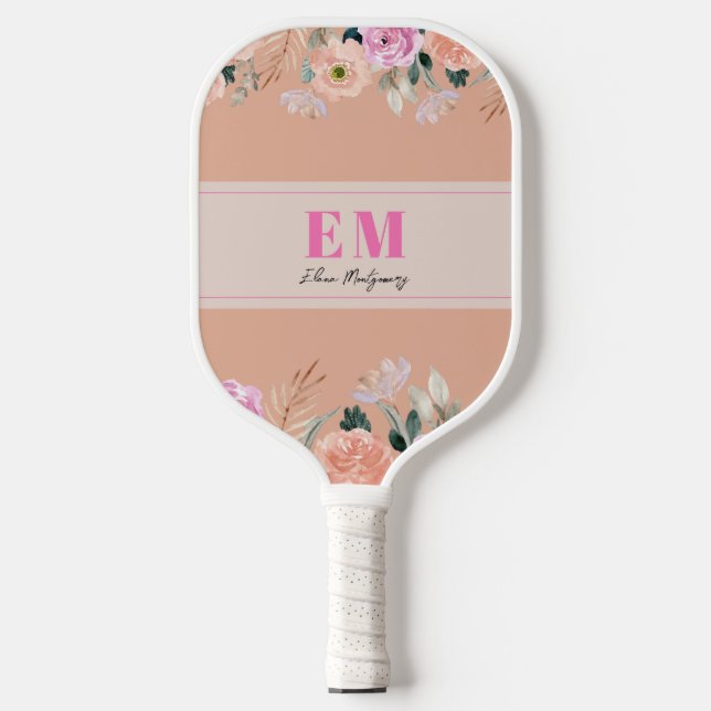 Dusty Rose floral mit Monogramm Pickleball Schläger (Vorderseite)