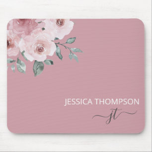 Dusty Rose Floral Modern Monogram Name Mousepad