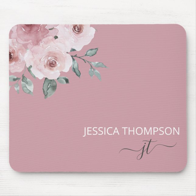 Dusty Rose Floral Modern Monogram Name Mousepad (Vorne)