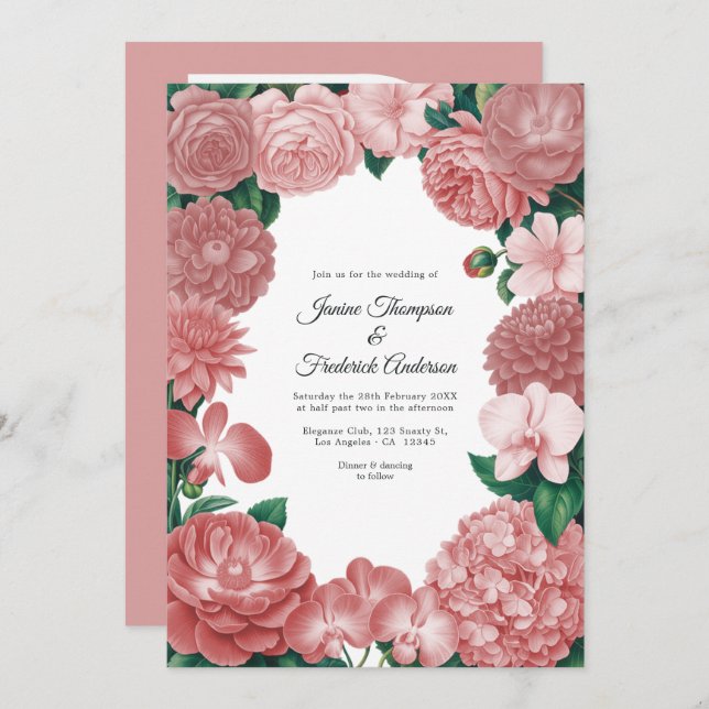 Dusty Rose Floral Photo and QR Code Wedding Einladung (Vorne/Hinten)