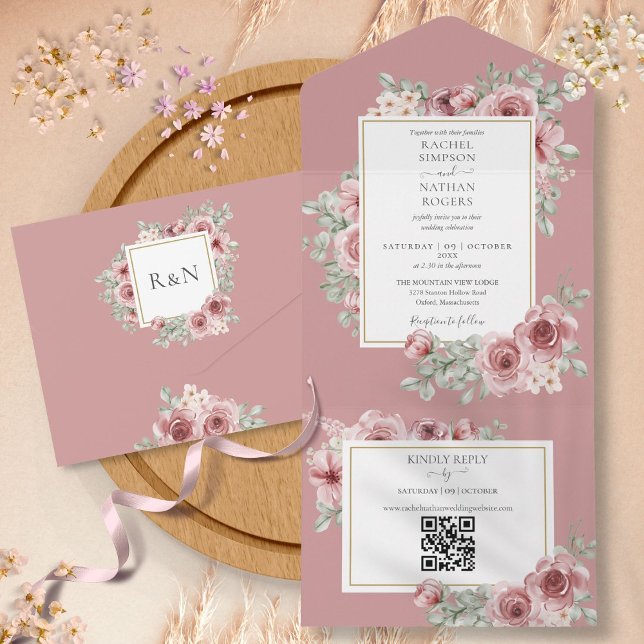 Dusty Rose Floral QR Code Wedding All In One Einladung (Dusty Rose Floral QR Code Wedding All In One Invitation)