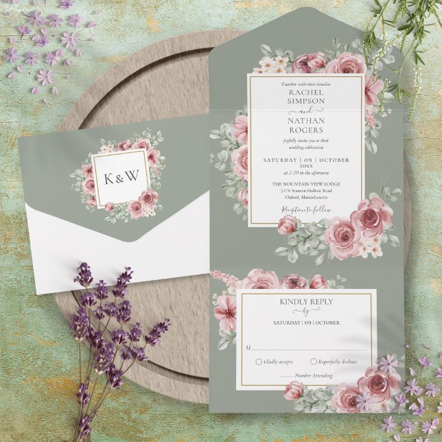 Dusty Rose Floral Sage Green Wedding All In One Einladung (Dusty Rose Floral Sage Green Wedding All In One Invitation)