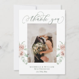 Dusty Rose Floral Script Foto Hochzeit Vielen Dank Dankeskarte