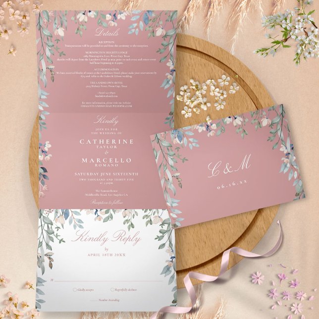 Dusty Rose Floral Wildblumen Foto Hochzeit Dreifach Gefaltete Einladung (Dusty Rose Floral Wildflowers Photo Wedding Tri-Fold Invitation)