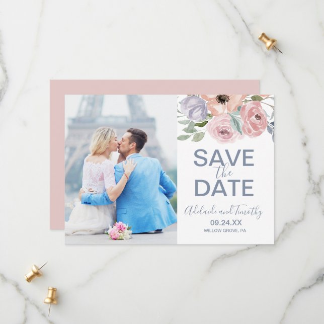 Dusty Rose Florals Foto Save the Date Card (Vorderseite/Rückseite Beispiel)