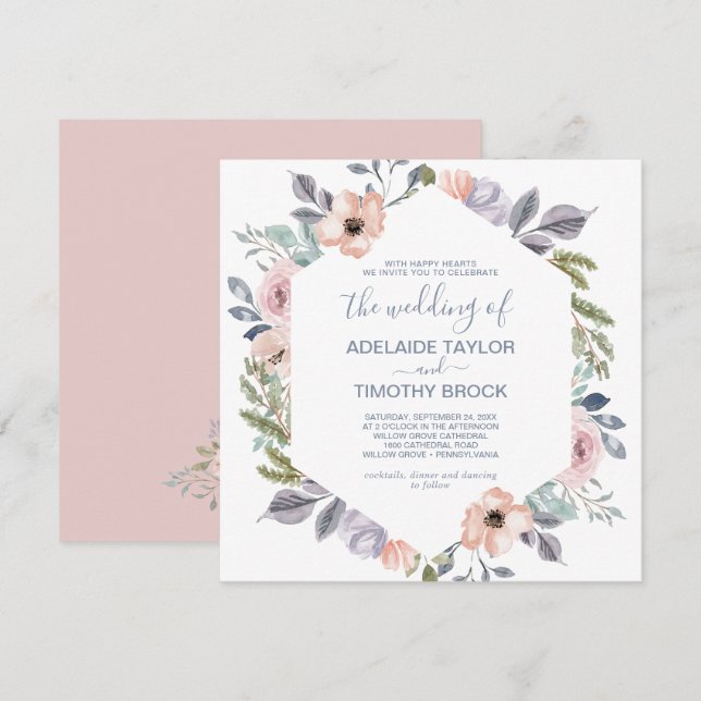 Dusty Rose Florals Platz für die Hochzeit von Einladung (Vorne/Hinten)