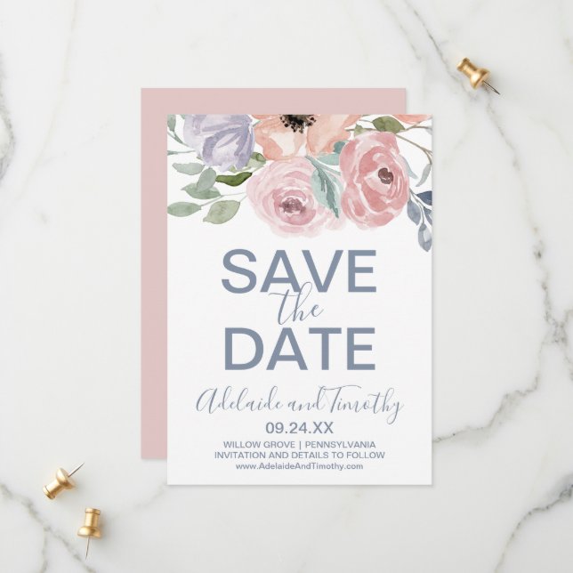 Dusty Rose Florals Save the Date Card (Vorderseite/Rückseite Beispiel)