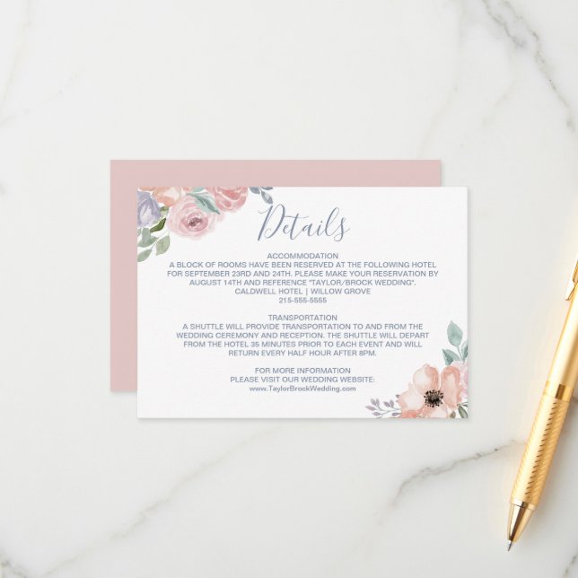 Dusty Rose Florals Wedding Details Card Begleitkarte (Vorderseite/Rückseite Beispiel)