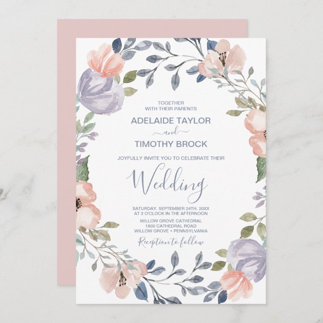 Dusty Rose Florals Wedding Einladung (Vorne/Hinten)