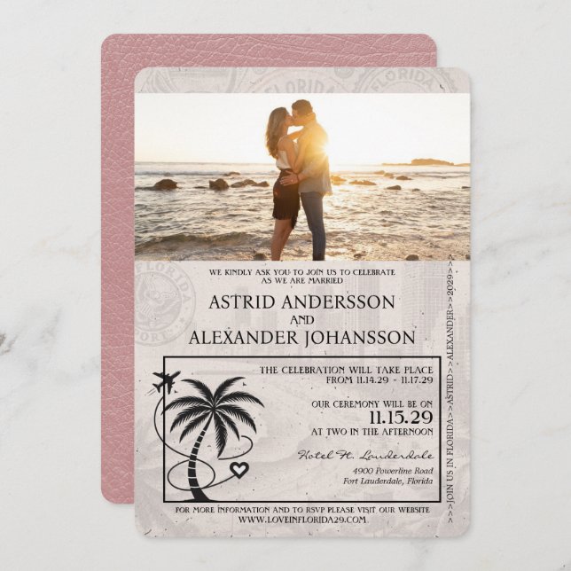Dusty Rose Florida Passport Hochzeit Einladung (Vorne/Hinten)
