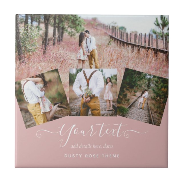 Dusty Rose FOTO COLLAGE Custom WEDING GIFT Fliese (Vorderseite)