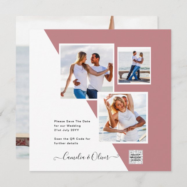 Dusty ROSE Foto Wedding Invite QR Code Rett Datum (Vorne/Hinten)