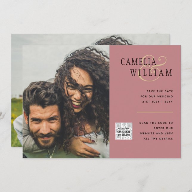 Dusty ROSE Foto Wedding Invite QR Code Rett Datum Einladung (Vorne/Hinten)