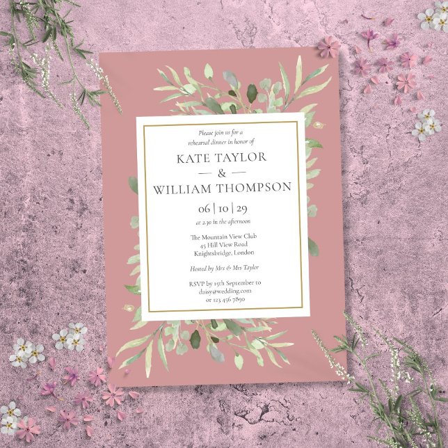 Dusty Rose Frische Pasta machen Probe Einladung (Dusty Rose Watercolor Greenery Rehearsal Dinner Invitation)