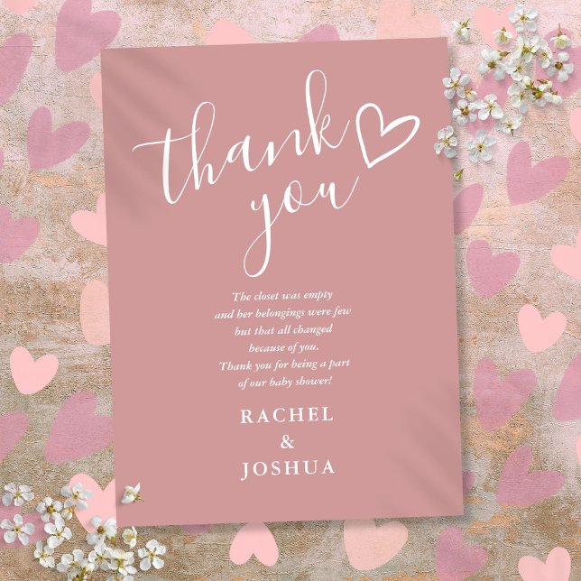 Dusty Rose Girl Baby Shooting Script Herzgedicht Dankeskarte (Dusty Rose Girl Baby Shower Script Heart Poem Thank You Card)