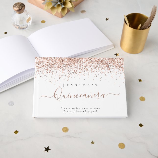 Dusty Rose Glitzer Quinceanera Gästebuch (Vorderseite Offen)