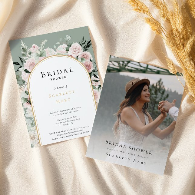 Dusty Rose Gold Arch Sage Foto Brautparty Einladung (Von Creator hochgeladen)