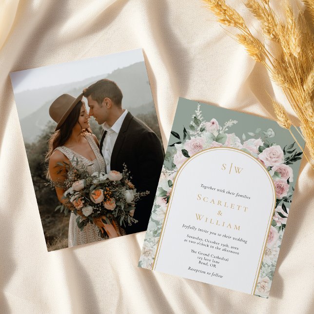 Dusty Rose Gold Arch Sage Monogram Foto Hochzeit Einladung (Von Creator hochgeladen)
