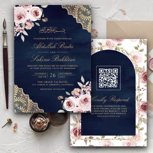 Dusty Rose Gold Lace QR Code Marine muslimische Ho Einladung (Von Creator hochgeladen)