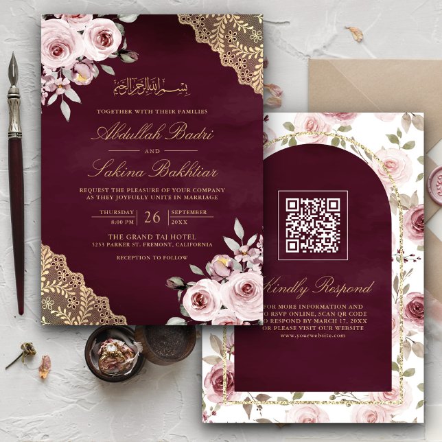 Dusty Rose Gold Lace QR Code Plum Muslim Wedding Einladung (Von Creator hochgeladen)