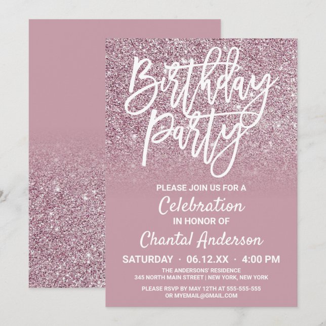 Dusty Rose Gold Pink Glitzer Ombre Geburtstag Einladung (Vorne/Hinten)