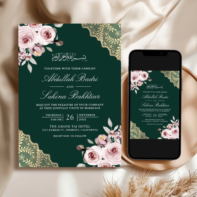 Dusty Rose Gold QR Code Emerald Muslim Wedding Einladung (Von Creator hochgeladen)
