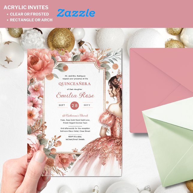 Dusty Rose Gold Quinceñera Kleid Blumenzauber Acryleinladungen (Von Creator hochgeladen)