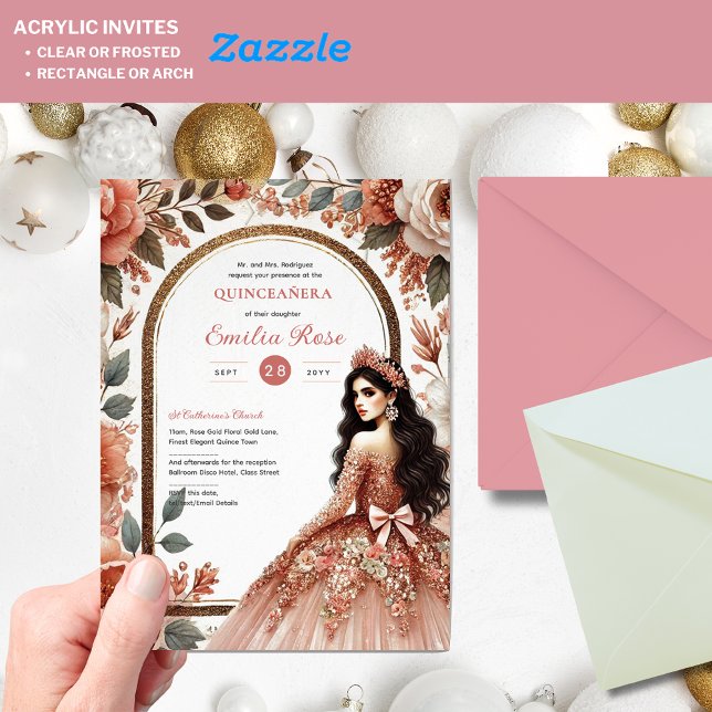 Dusty Rose Gold Quinceñera Kleid Blumenzauber Acryleinladungen (Von Creator hochgeladen)